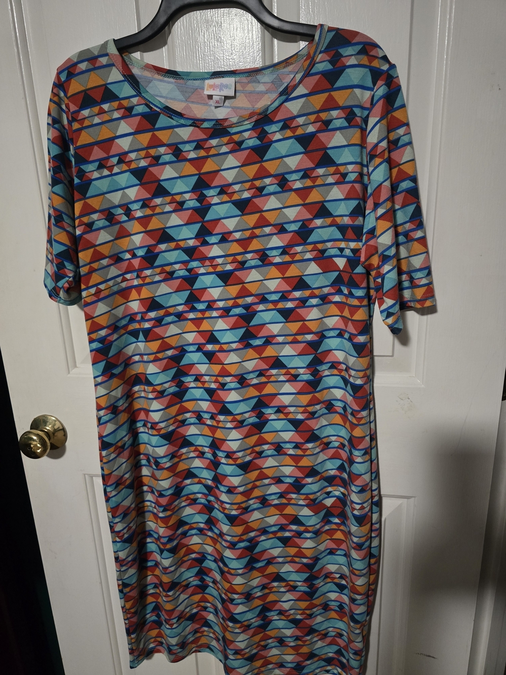 LuLaRoe Multicolor Geometric Midi Dress in Blue, Red, Orange & Cream